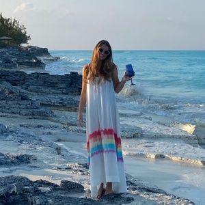 9 Seed Tulum White Gauzy Cotton Maxi Dress with Rainbow Detail in Selenite OS